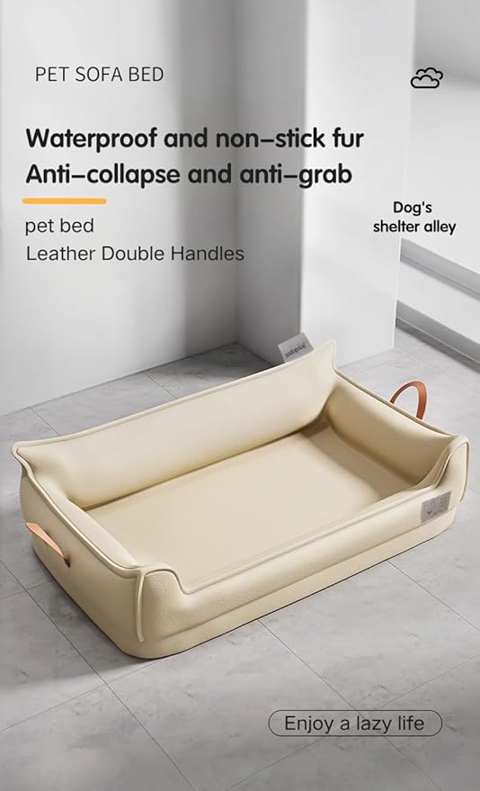 Waterproof Leather Memory Foam Dog Sofa Bed, Removable Orthopedic Dog Beds for Large Dogs, Durable Dogs Bed Couch with Non Skid Bottom for Different Pet Sizes (Beige, Medium)