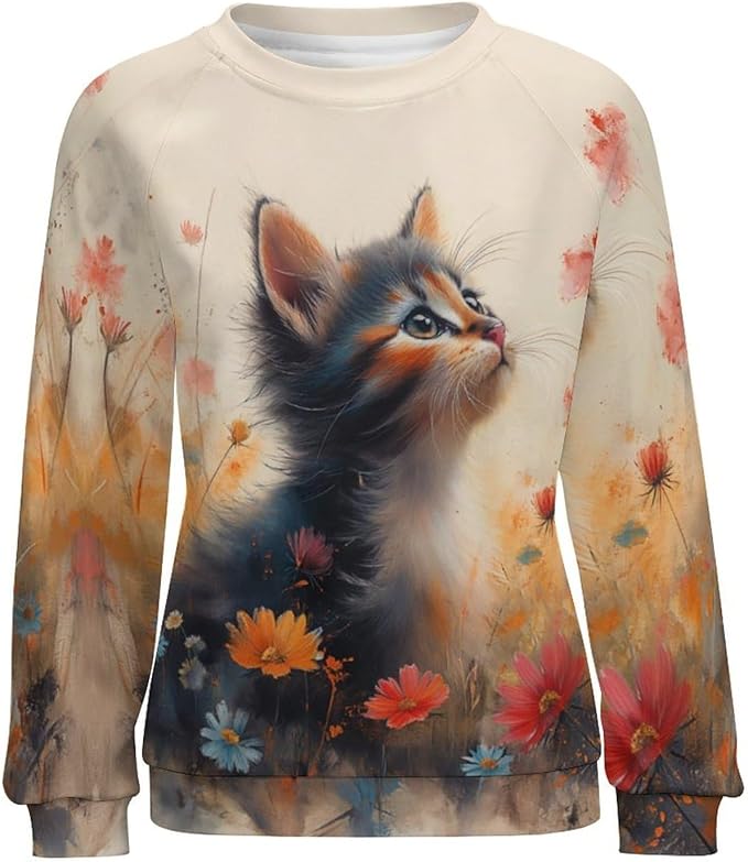 Womens novelty funny cat printed crewneck sweatshirt casual loose long sleeve graphic pullover sweatshirts tops