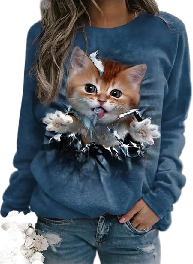 TIAFORD Womens Cute Cats Graphic Crewneck Sweatshirt Winter Trendy Casual Plus Size Long Sleeve Shirt for Cats Lovers