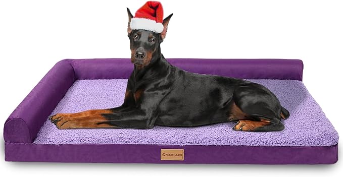Patas Lague Orthopedic Jumbo Dog Bed for Extra Large Dogs 56''X40'', Waterproof L Bolster Pet Sofa Beds with Removable Washable Cover, Soft Comfortable Pet Couch Crate Mat with Nonskid Bottom, Purple