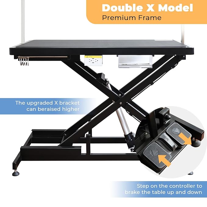 Electric Pet Dog Grooming Table, 50" Heavy Duty Grooming Table Professional X-Lift for Large Dogs Adjustable Height: 11.3"-40" Non-slip, AC Outlets, Storage Tray, 2 Nooses, Black