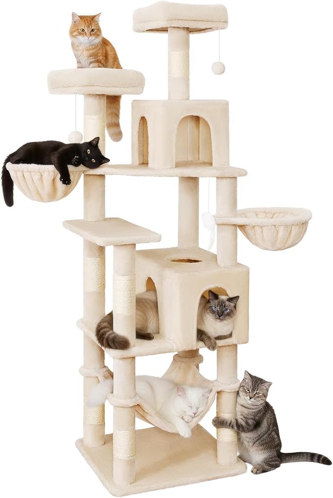 AMHANCIBLE Tall Cat Tree, 70 Inch Cat Tower for Indoor Cats, Multi-Level Cat Tree with Scratching Post, Hammock, Hanging Basket, Large Cat Condos for Adult Cats Kittens, Beige, PT18BG