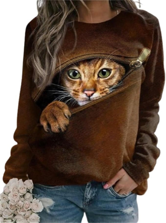 IVERIRMIN Women's 3D Cute Cat Print Sweatshirt Casual Long Sleeve Crewneck Cute Cat Pullover Loose Fit Shirts