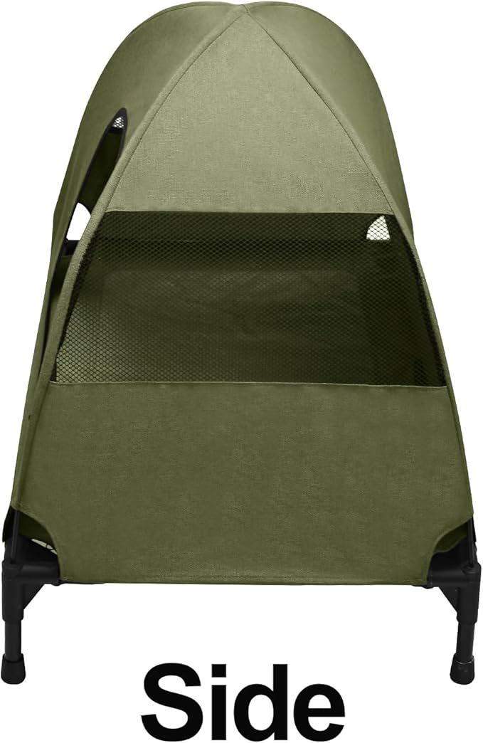 Love&go Elevated Dog Bed with Metal Frame, Cooling Raised Pet Cot for Dog and Cat (M - Olive Green Bed+Canopy, Medium-29.9x19.5x5.5 inch)
