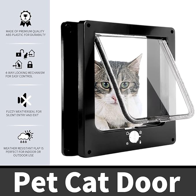 EASY JOY Cat Doors(Outer Size 10.6" x 9.2"), 4-Way Locking Cat Door for Interior Exterior Doors, Weatherproof pet Door with Magnet for Cat or Dog < 21.5 inches in Girth(Black L)