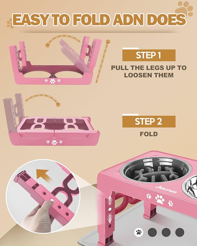 Elevated Dog Bowls, Dog Feeder with Stainless Steel Dishes & Slow Feeder Bowl, 5 Heights Adjustable Raised Stand for Medium Large, Food Dishes with Non-Slip Feet