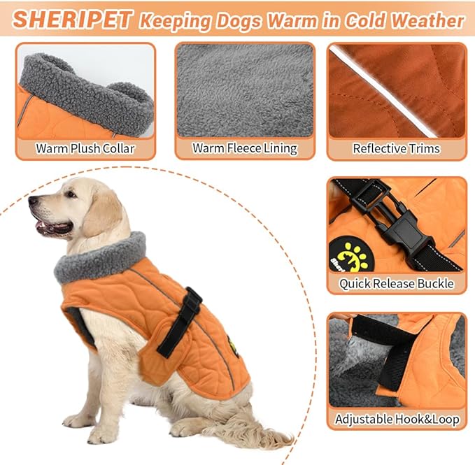Dog Coat for Winter, Water Resistant Dog Apparel for Cold Weather - Warm Fleece Lining Doggie Coats, Reflective Pet Winter Clothes for Large Dogs, Orange XXL