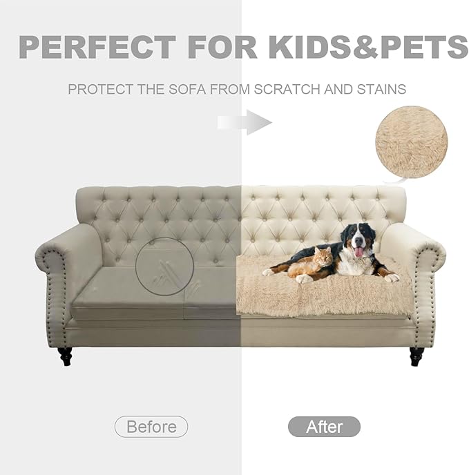 Waterproof Dog Bed Cover, Dog Pad Soft Plush Pet Blanket with Anti-Slip Back for Bed Couch Sofa, Furniture Protector for Small, Medium and Large Dogs and Cats (Beige, 82"x82")