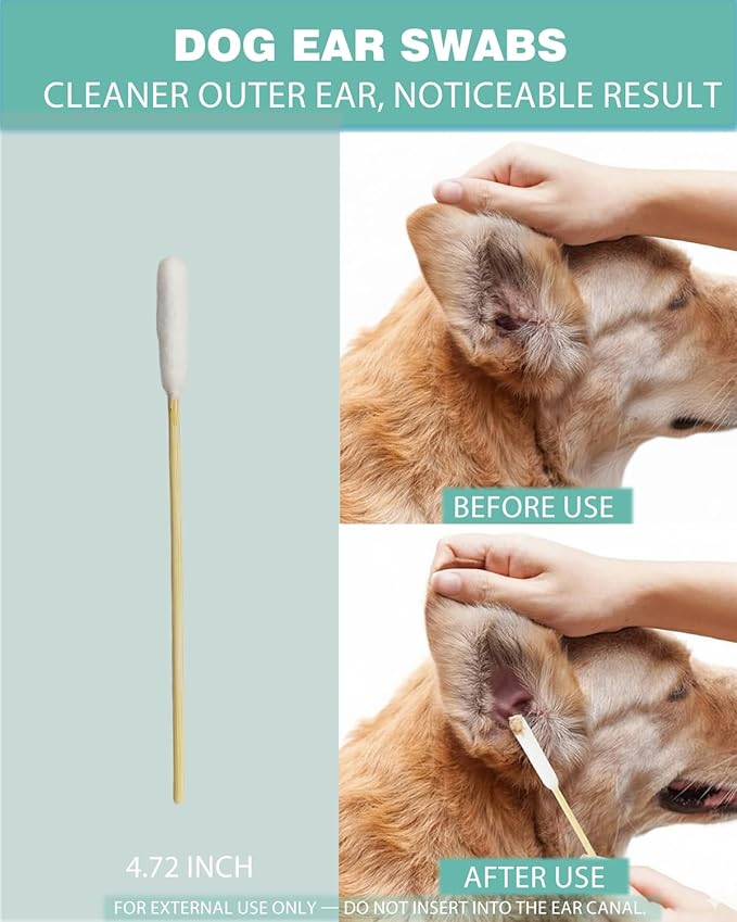 Dog Ear Cleaning, 500 Count – 4.72 Inch Bamboo Cotton Swabs with Large Lint-Free Absorbent Tips for Medium Dogs, Wax Removal & Grooming, Eco-Friendly, Resealable Pouch