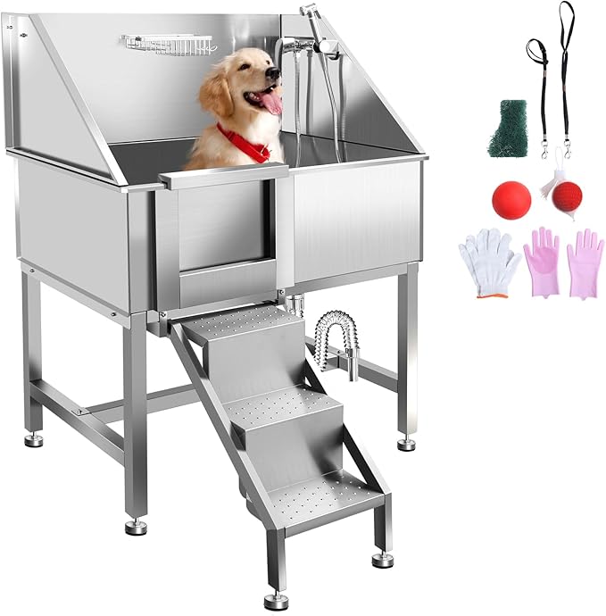 38" Dog Washing Station, Professional Stainless Steel Dog Bathing Station, Equipped with Anti-Slip Ramp, Removable Door, Upgraded Spray Nozzle&Hose - Ideal for Home, Pet Grooming Salon,L-RAMP