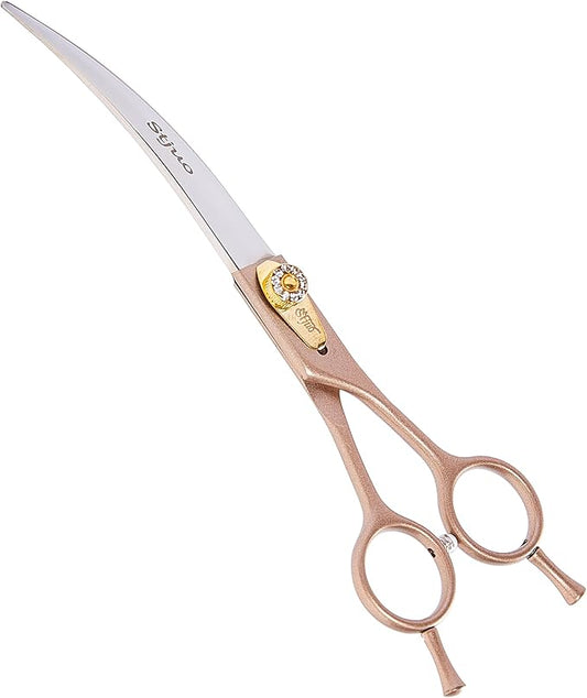 Professional Dog Grooming Scissors Rose Gold 440C Stainless Steel Straight Thinning Curved Chunker Shears for Pet Grooming Services Dogs and Cats (Curved, 7‘’)