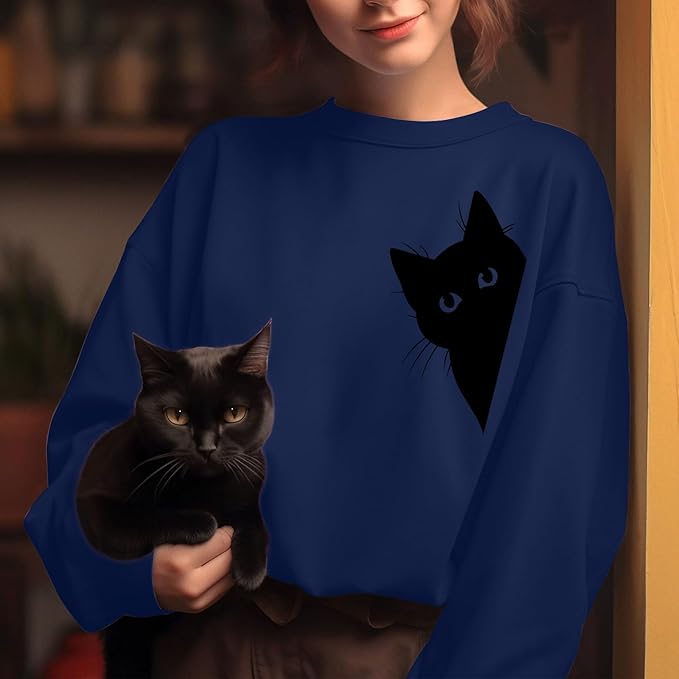 Cat Sweatshirts for Women Graphic Print Sweatshirt Funny Long Sleeve Shirt Cute Pullover Lightweight Hoodie Tops
