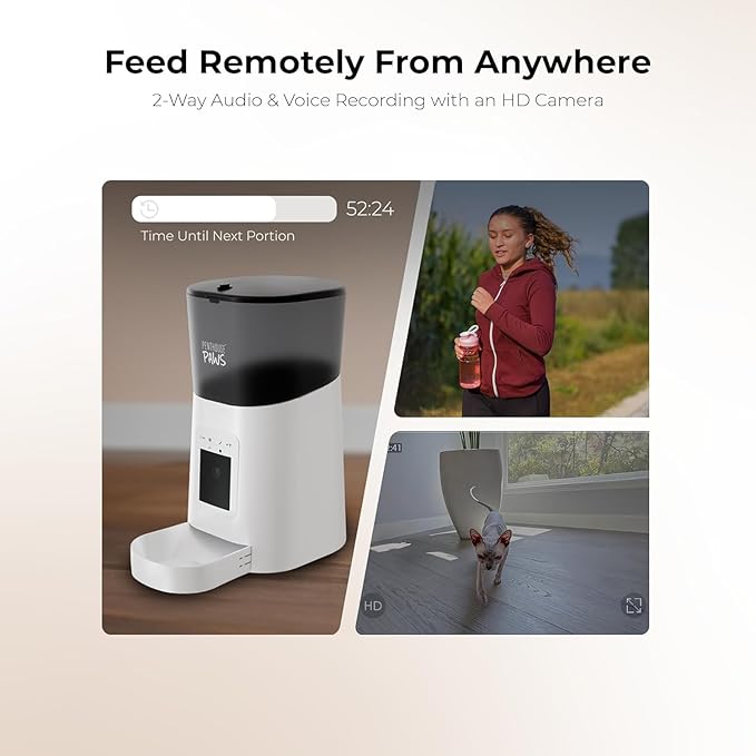 Smart HD Automatic Cat Feeder with 1080P Camera & Night Vision, 2-Way Audio, WiFi App Control, Anti-Jam 6L Cat Feeder with Backup Power, Easy to Clean, Schedules Up to 15 Meals for Cat & Dog, White