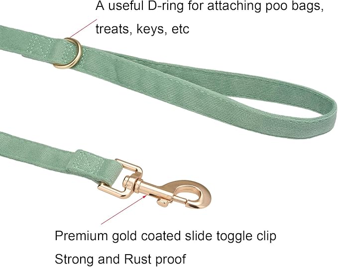 Soft Corduroy Dog Collar and Leash Set Adjustable Durable Dog Collars with Metal Buckle and Lead for Small Dogs,Grass Green