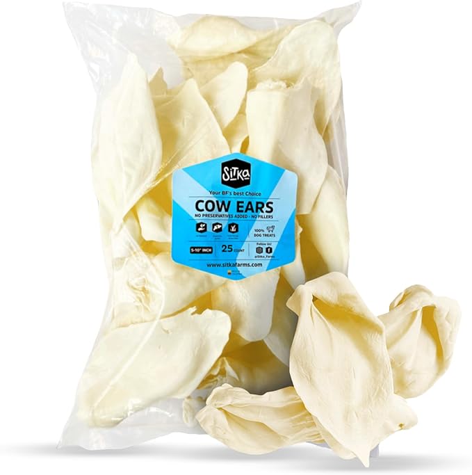 Sitka Farms Whole Cow Ears for Dogs 25 Count- No Hide Dog Chews - Whole Natural Cow Ears Dog Treat for Small, Medium and Large Dogs - Doggie Dental Care - Long Lasting Dog Treats