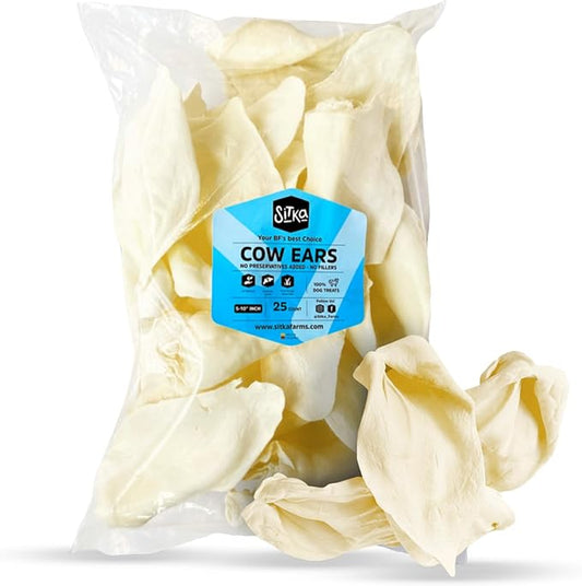 Sitka Farms Whole Cow Ears for Dogs 25 Count- No Hide Dog Chews - Whole Natural Cow Ears Dog Treat for Small, Medium and Large Dogs - Doggie Dental Care - Long Lasting Dog Treats