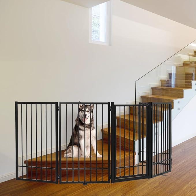 Metal Freestanding Dog Gate with Door, Extra Wide 121", 31" Height Foldable Dog Gates for Doorways, Tall Pet Fence Indoor Outdoor Pet Gates, 6 Panels Pet Barrier for Stairs Hallways, Black