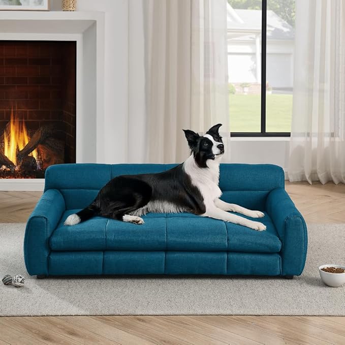 Dog Couch Bed with Backrest and Armrest, Durable Pet Sofa with Soft Foam Cushion, Elevated Dog Couch Bed with Legs for Medium and Large Dogs, Blue