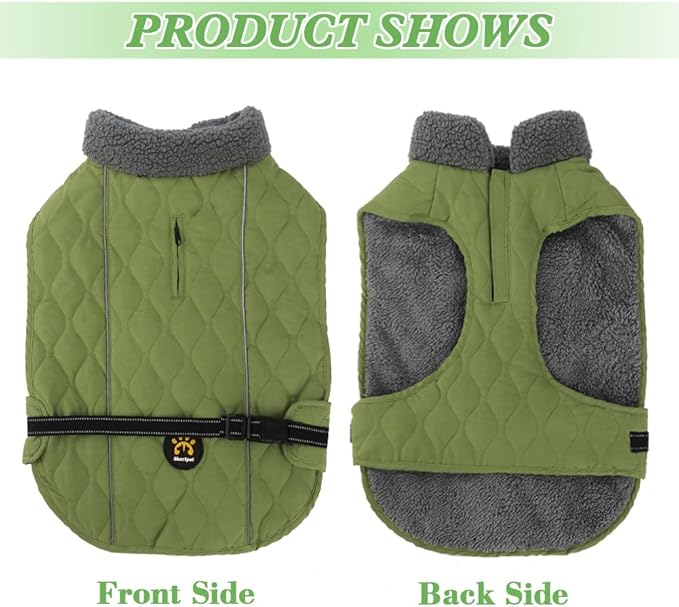 Dog Cold Weather Coats, Warm Fleece Lining Small/Medium/Large Dog Jackets for Winter, Adjustable Doggie Clothes for X-Large Dogs with Leash Hole and Quick Release Buckle, Green XL