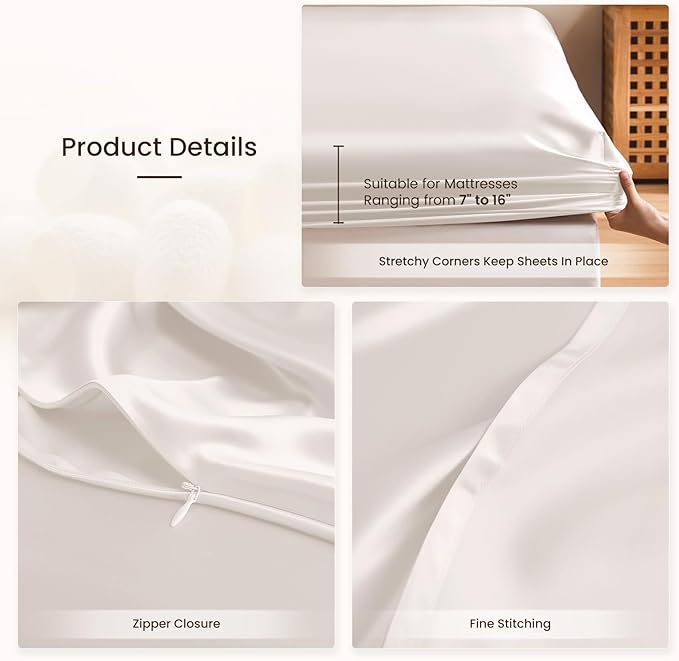 THXSILK Silk Sheet Set 4Pcs, 6A+ Top Grade 100% Pure Mulberry Silk Bed Sheets Ultra Soft Durable Luxury Bedding Sets, 1 Fitted Sheet, 1 Flat Sheet and 2 Pillowcases (Twin-XL, Pearl White)