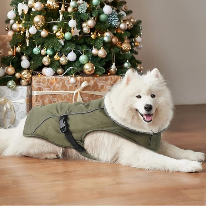 EMUST Dog Coat for Winter, Cozy Winter Jackets for Small/Medium/Large Dogs, Solid Color Dog Apparel for Cold Weather with Fleece Lining, Green, XXXL