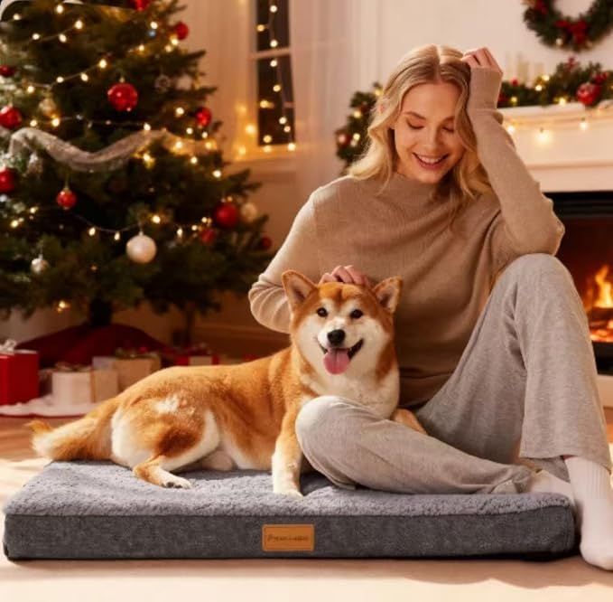 Patas Lague Orthopedic XL Dog Bed Large Sized Dog 48''X30'', Soft Waterproof Egg Crate Foam Large Pet Crate Beds Mat with Removable Washable Cover and Non-Slip Bottom, Light Grey