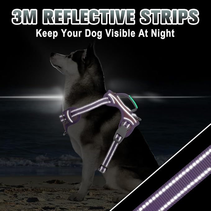 BARKBAY No Pull Dog Harness Large Reflective Dog Harness with Front Clip and Easy Control Handle for Walking Training Running with ID tag Pocket(Baby Pink & Violet Purple,L)