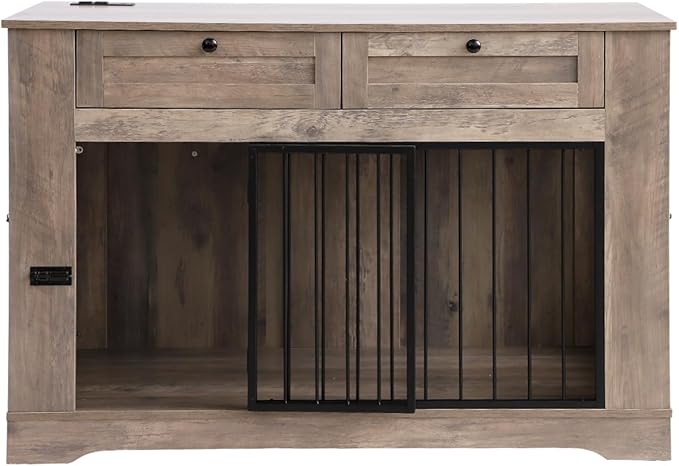 Large Dog Crate Furniture-Decorative Heavy Duty Dog Cage Indoor, Wooden Dog Cage End Table with Charging Station, Dog House with 2 Drawers (Gray, 47.2''L)