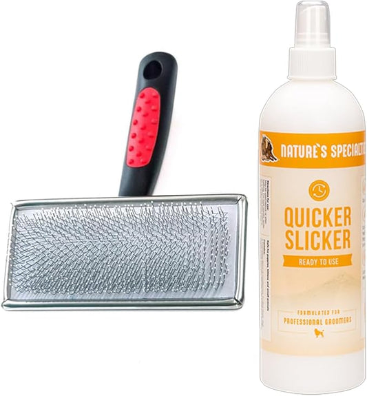 Paw Brothers Grooming Tool and Nature's Specialties Conditioning Spray Bundle - Soft Pin Flat Slicker Brush for Dogs, X-Large - Quicker Slicker Detangling and Conditioning Spray, Ready to Use, 16 oz