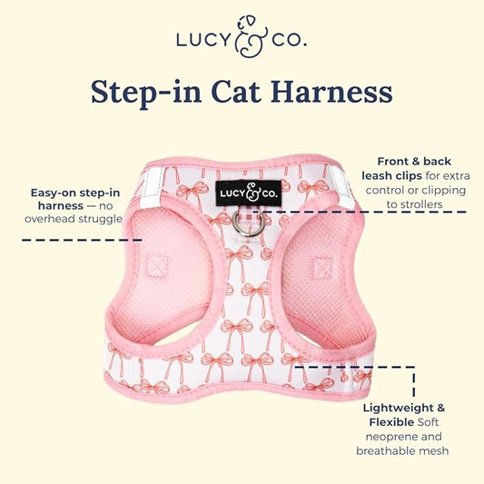 Lucy & Co. Take a Bow Step-in Cat Harness & Leash Bundle – Reflective, Breathable & Adjustable Harness for Cats, Kittens & Small Dogs, Lightweight & Secure and Dual Leash Clips – Large