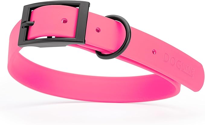 Dogline Biothane Coated Webbing Dog Collar with Black Metal Hardware: Durable Easy-Clean Everyday Collar for Dogs - Comfortable Adjustable Odor-Resistant Pet Collar, W1 x L18-22, Passionfruit Pink