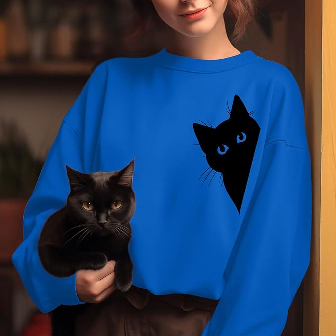 Cat Sweatshirts for Women Graphic Print Sweatshirt Funny Long Sleeve Shirt Cute Pullover Lightweight Hoodie Tops