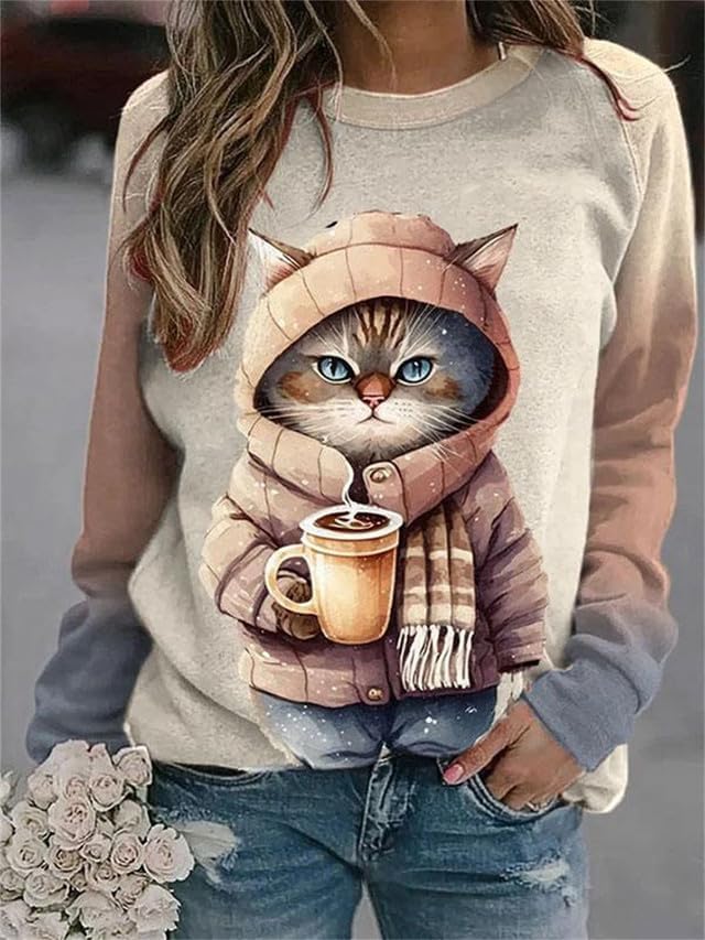IVERIRMIN Women's 3D Cute Cat Print Sweatshirt Casual Long Sleeve Crewneck Cute Cat Pullover Loose Fit Shirts