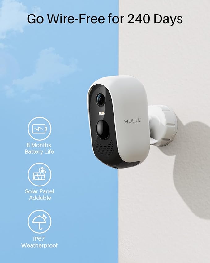 WUUK Security Cameras Wireless Outdoor 2K, Homebase + 4 Cameras, No Monthly Fees, 32GB Storage, 240 Days Battery Life, Night Vision, Motion Detection, 2.4/5 GHz WiFi, Compatible with Alexa & Google
