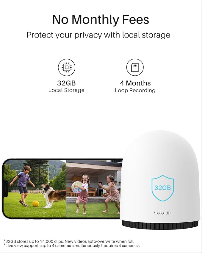WUUK Security Cameras Wireless Outdoor, Indoor Camera, Home Surveillance System, 2K, No Monthly Fee, Motion Alert, Night Vision, 2.4/5 GHz WiFi, Compatible with Alexa & Google, Homebase + 2-Camera Kit