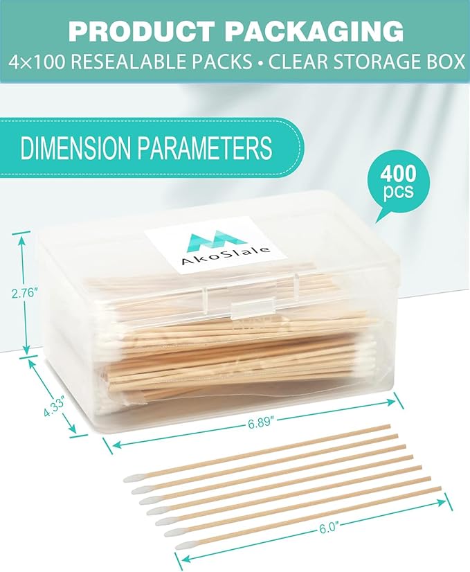 Pointed Cotton Swabs, 6 Inch Wooden Handle, 400 Count – Precision Lint-Free Tapered Tips for Pet Ear Cleaning, Electronics, Crafts, Makeup & Nail Polish Cleanup, Clear Storage Box