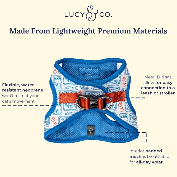 Lucy & Co. Tinned Fish Step-in Cat Harness & Leash Bundle – Reflective, Breathable & Adjustable Harness for Cats, Kittens & Small Dogs, Lightweight & Secure and Dual Leash Clips – Small