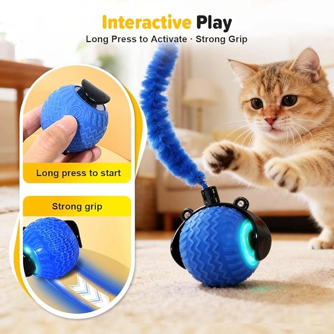 Cat Toys for Indoor Cats, 2025 New Interactive Cat Toy Ball, Automatic Moving Cat Toy for Indoor Use, Rechargeable Feather Tail Cat Toy with Stimulation for Small Medium Large Cats (2 * Blue)