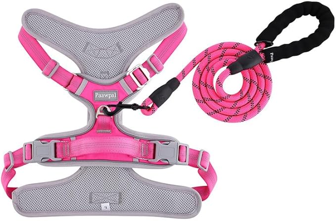 Adjustable Dog Harness - No Pull, Reflective, Soft Padded for Small, Medium, Large Dogs - Includes Leash Pink M