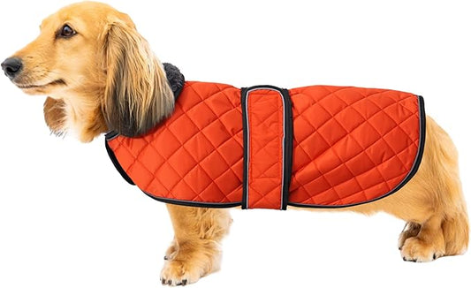 Warm Thermal Quilted Dachshund Coat, Dog Winter Coat with Warm Fleece Lining, Outdoor Dog Apparel with Adjustable Bands for Medium, Large Dog-Orange-L