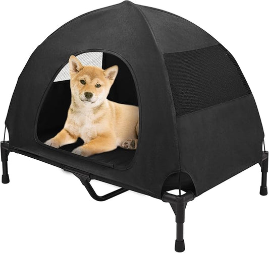 Love&go Elevated Dog Bed with Metal Frame, Cooling Raised Pet Cot for Dog and Cat (Medium-29.9x19.5x5.5 inch, M - Black Bed+Canopy)