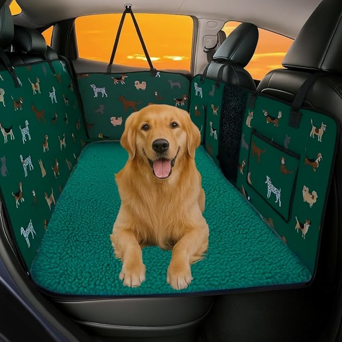 Dog Back Seat Cover – Waterproof Heavy‑Duty Car & SUV Bench/Hammock Style, Padded Shearling Fleece Bottom for Safe & Comfortable Pet Travel
