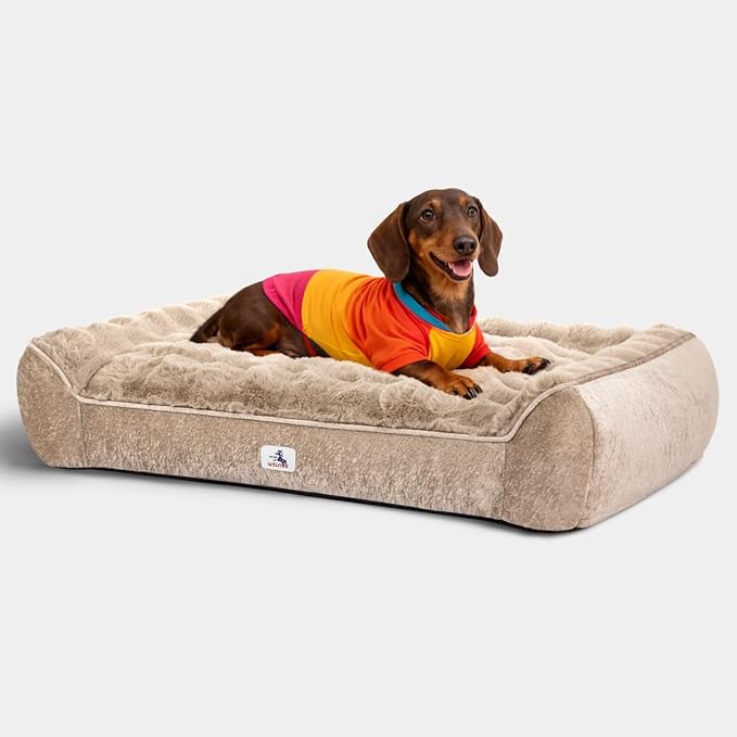Orthopedic Dog Bed for Large Dogs - 42" Faux Fur Pet Couch with Removable Washable Cover, Nonskid Bottom, Supportive Foam, Comfortable Dog Sofa Bed for Medium Large Dogs, Taupe