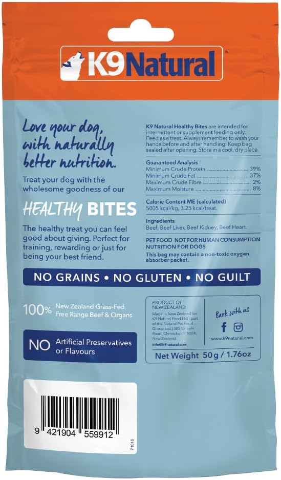 K9 Natural, Freeze-Dried Single Ingredient Dog Treats, High-Value, Low-Calorie Protein Bites for Active Dogs, Healthy Dog Training Treats, Grain-Free Reward, Beef & Organs, 1.76oz