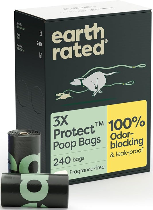 Earth Rated Odor-Blocking Poop Bags for Dogs with 3X Protect, Guaranteed to Block Smells & Leak-Proof Performance, Conceals Smell & Mess, Unscented, 240 Count