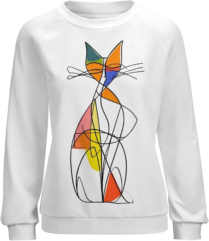 Biacolum Long Sleeve Shirts for Women Mid Century Retro Style Atomic Cat 3D Graphic Sweatshirts Fall Crewneck Pullover Top