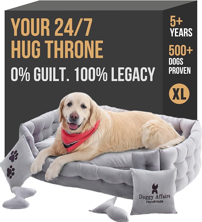 Luxury Dog Bed Chesterfield – Handcrafted Velvet Throne for Dogs | Joint Support, Calming & Temp-Regulating Comfort | Durable 5+ Years, Anti-Claw, Washable 100+ Times – XL, Grey