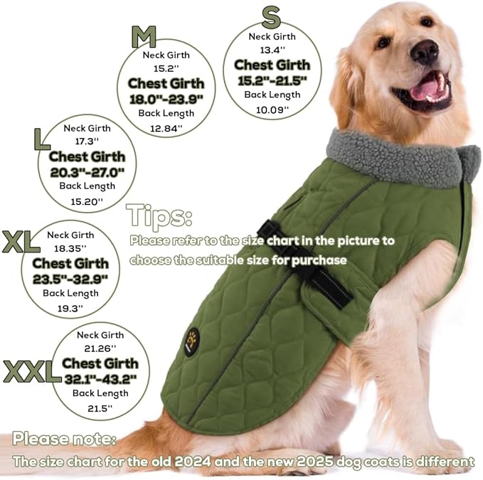 Dog Jackets, Furry Collar Winter Coats for Dogs with Fleece Lining, Water Resistant Reflective Winter Dog Jackets, Adjustable Warm Windproof Pet Coats for Large Dogs, Green L