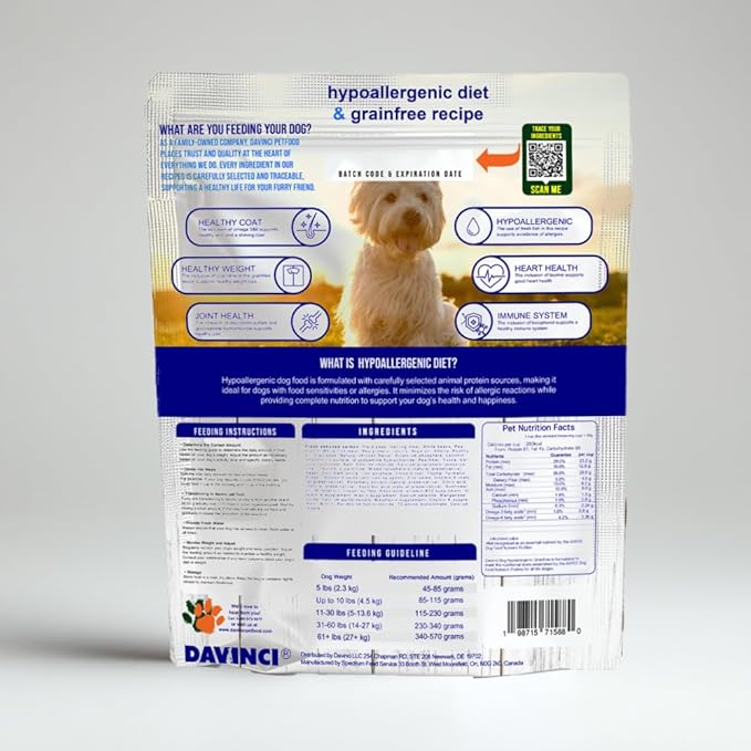 Davinci Dog Hypoallergenic Salmon 3.3lb – for Small Breeds, Novel Fish Protein, NO Chicken, Sensitive Stomach, Grain-Free, Dry Dog Food