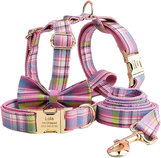 Custom Dog Collar with Names and Phone Number Engraved, Puppy Tags Personalized for Small Medium Large Pets (Colorful Plaid, M)